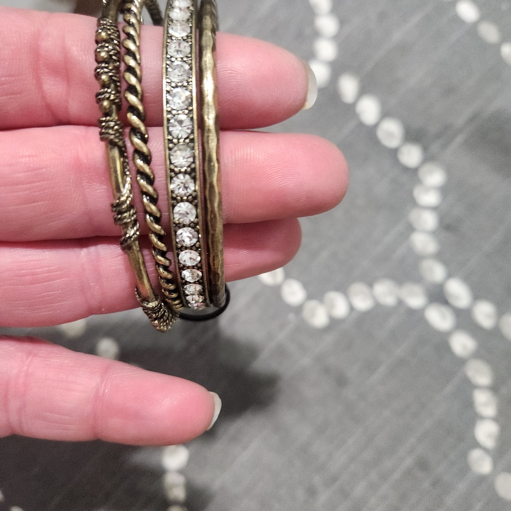 Rhinestone and Brass-Tone Multi-Row Bangle Bracelet - Gold